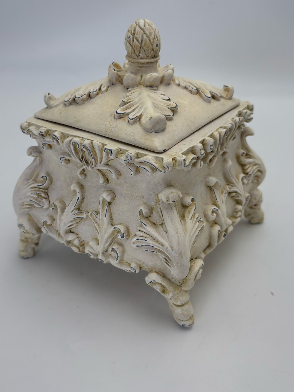 Vintage Ornate Victorian-Style  Trinket Box in Distressed Cream